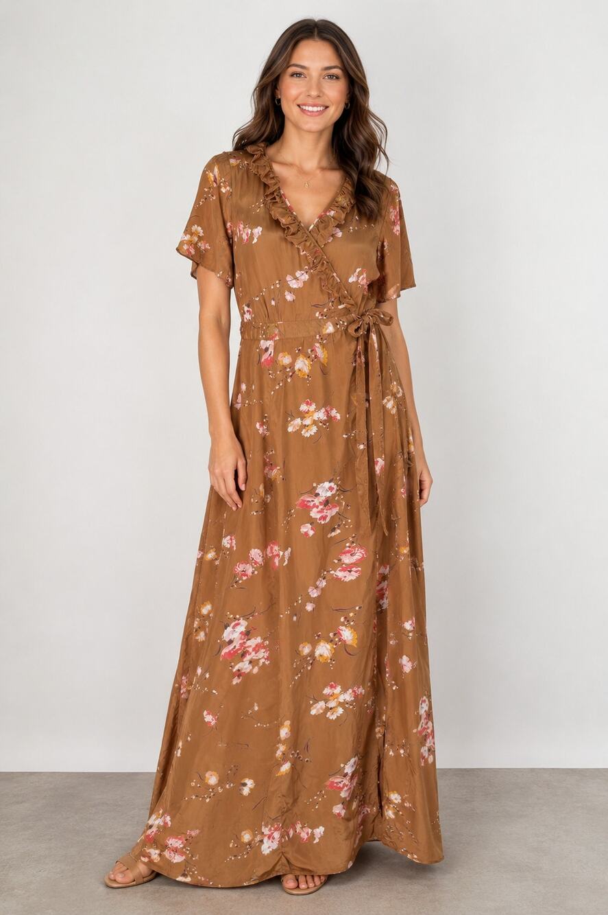 byTiMo Floral Wrap Maxi Dress Short Sleeve Brown Womens Size Medium Ruffle